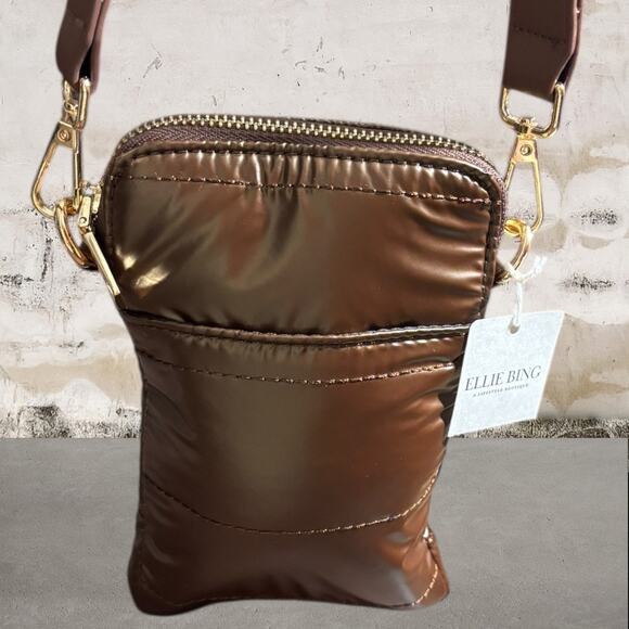 Ellie Bing NWT Chocolate Brown Puffer Crossbody Bag or Mask - Picture 4 of 6